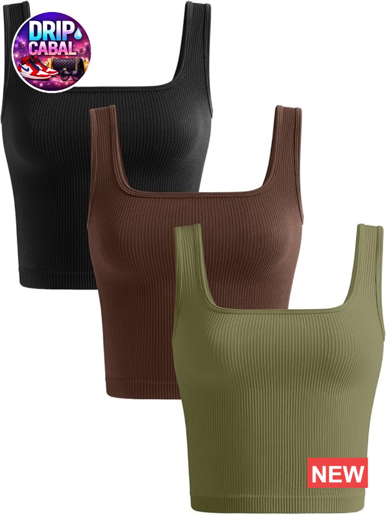 3 Pack Seamless Ribbed Square Neck Crop Tank Tops Sleeveless Workout Gym Shirts